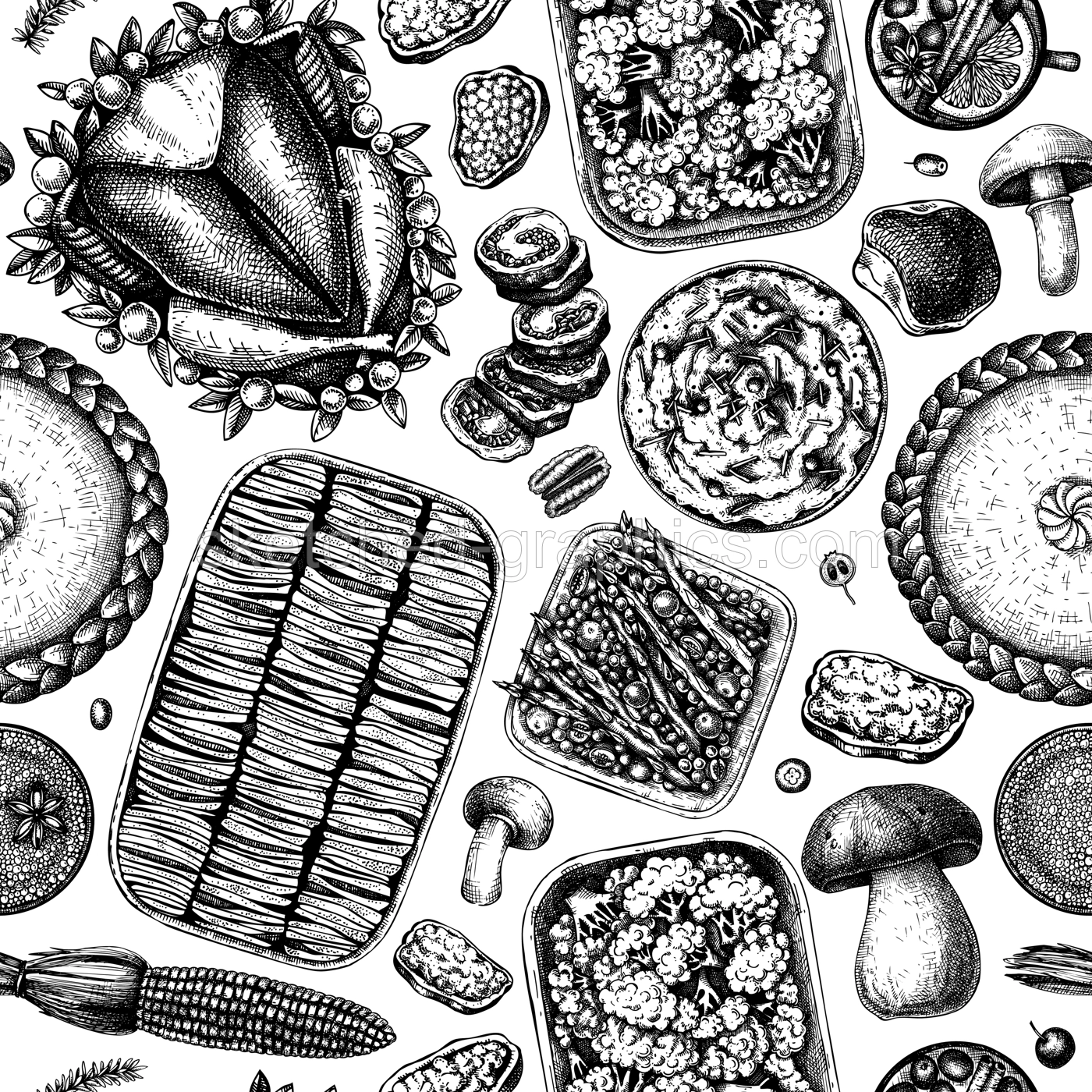 Thanksgiving day table seamless pattern. Roasted turkey, gratin, cooked vegetables, cakes and pies sketches. Traditional Thanksgiving day food. Family dinner background. Vintage backdrop Illustration